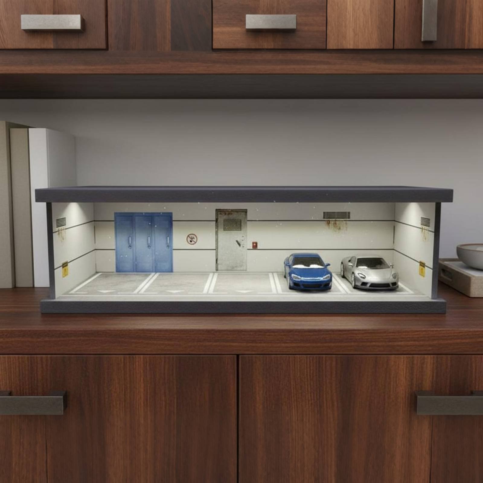 Model Kit Display - Parkplatz-Szenenmodell-Box, USB-betrieben, Maßstab 1:43, Garagen-Display-Szene für