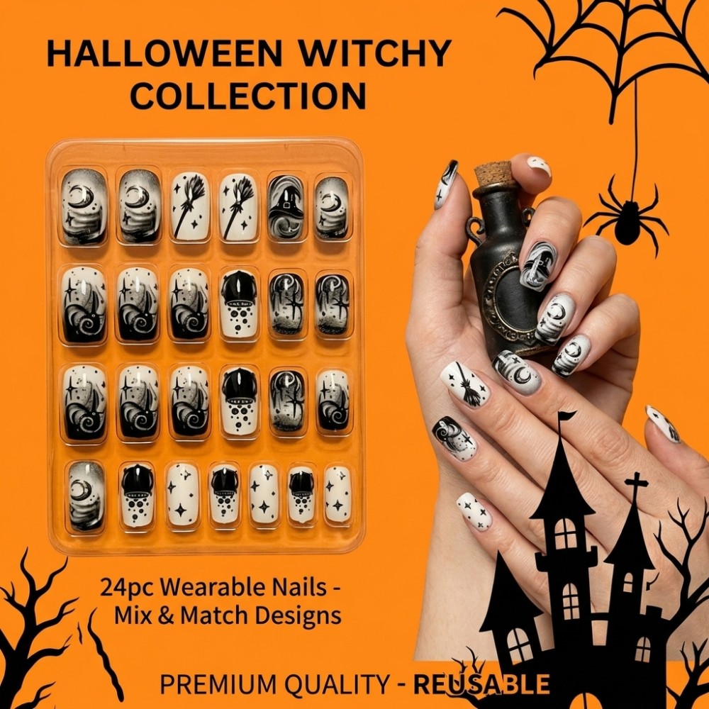 Sanding Stick Set - 24 Stück Halloween Hexenhut Künstliche Nägel